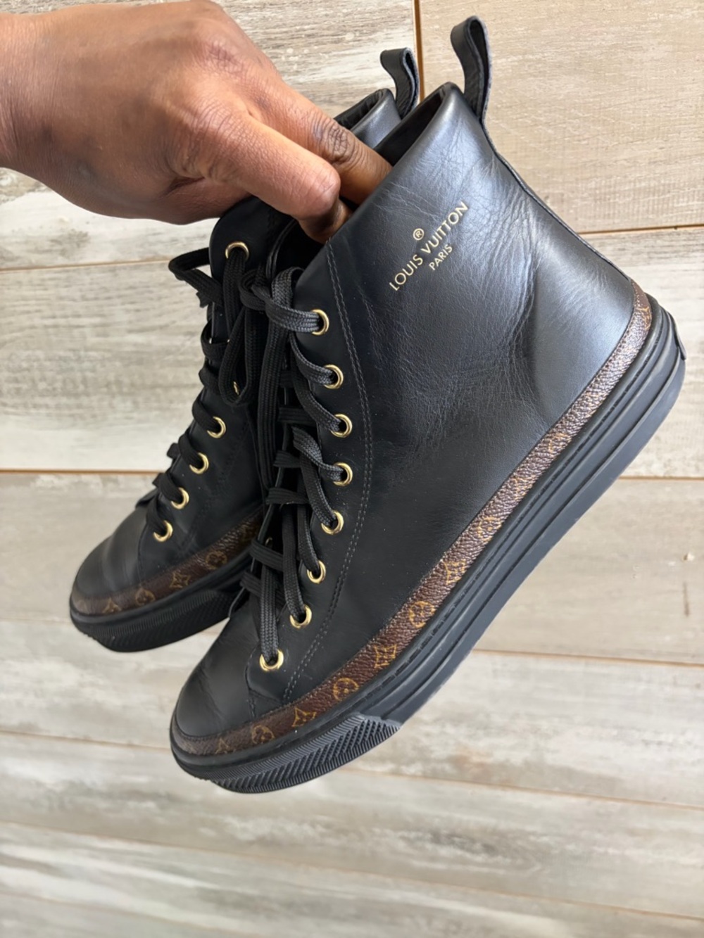 Authentic Louis Vuitton Black Leather High-Top Sneakers with Monogram Trim - Picture 7 of 14